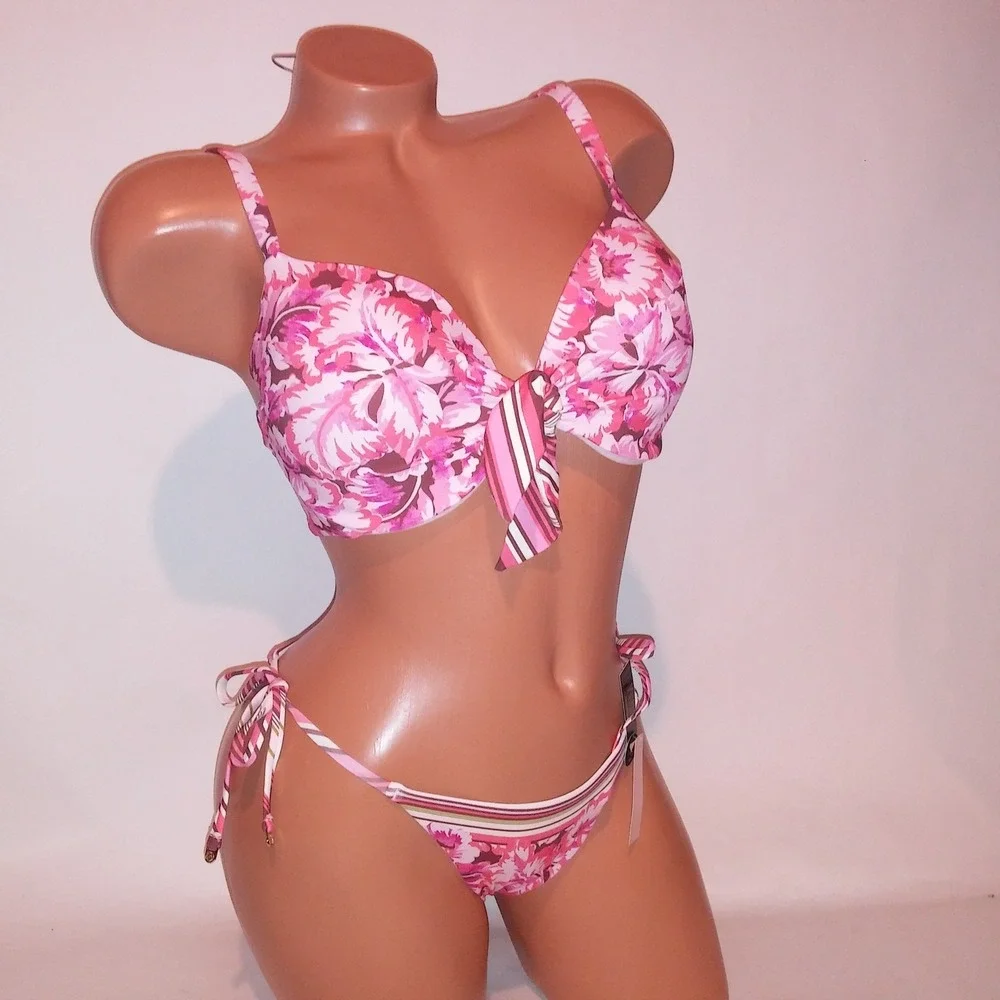Victoria Secret Swim Bikini 34DD Top Small Cheeky Bottom Pink Floral Push Up New